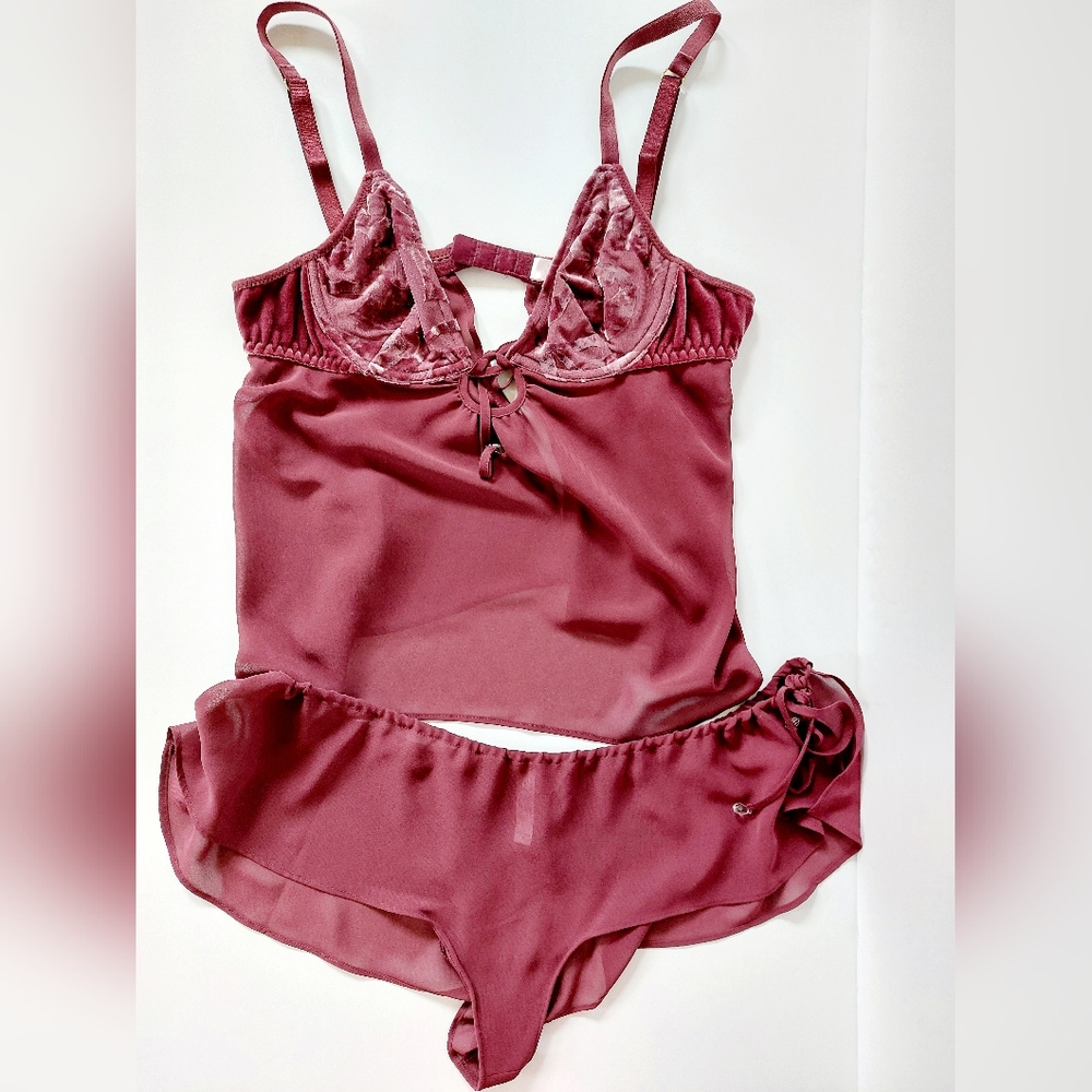 Burgundy 2pc Lingerie‎ Boudoir Set Babydoll Small Y2k '05 Victoria's Secret